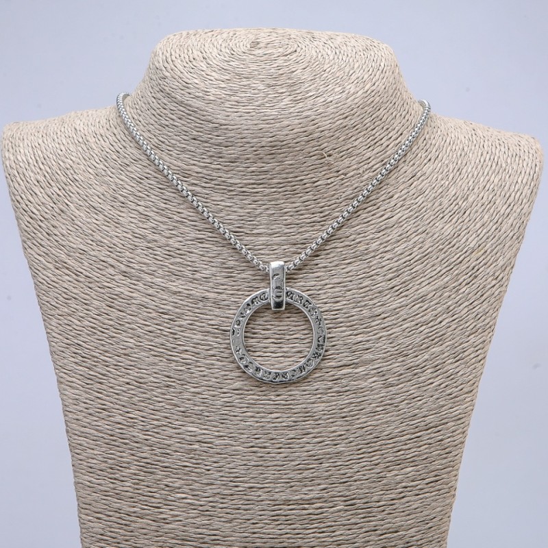 Pendant Circle with Hieroglyphs 40x30mm on a chain, 65cm length, silver-tone metal