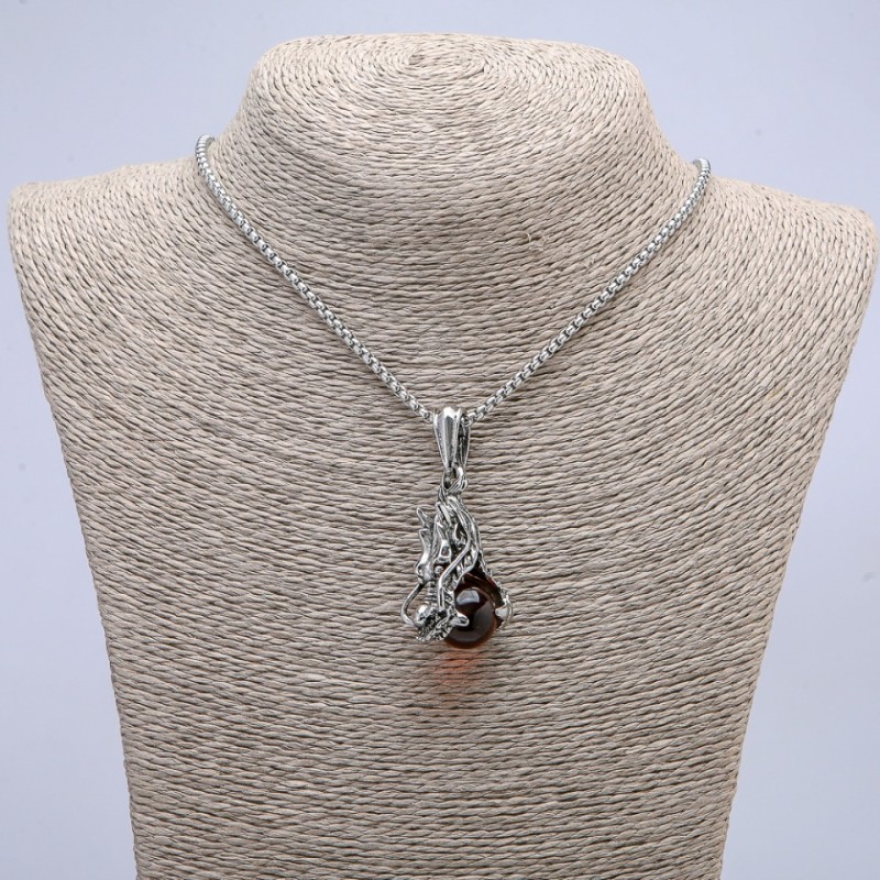 Pendant "Dragon Head with Red Ball" 22x51mm on a chain, 65cm length, silver-tone metal