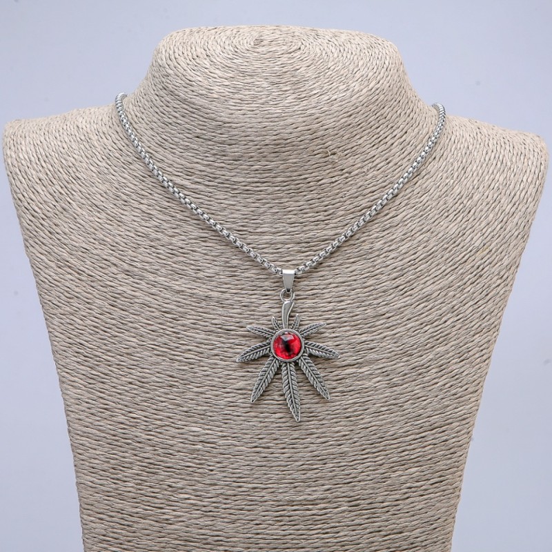 Pendant "Hemp Leaf with Dragon Eye" 38x55mm on a chain, 65cm length, silver-tone metal