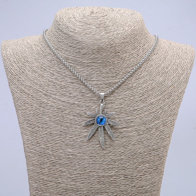 Pendant "Hemp Leaf with Dragon Eye" 38x55mm on a chain, 65cm length, silver-tone metal