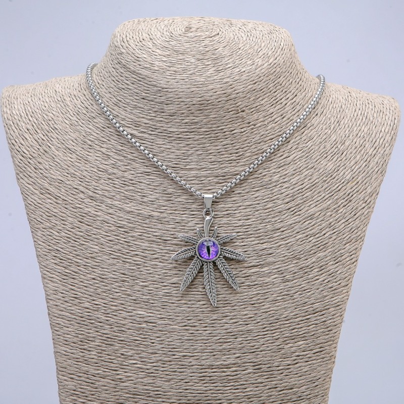 Pendant "Hemp Leaf with Dragon Eye" 38x55mm on a chain, 65cm length, silver-tone metal