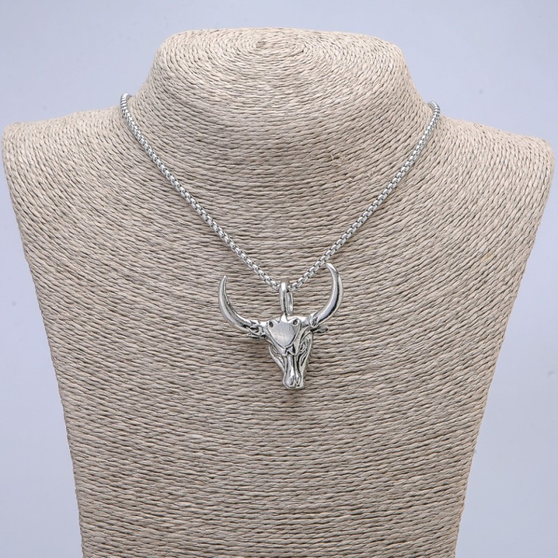 Pendant "Bull Skull" 40x45mm on a chain, 70cm length, silver-tone metal