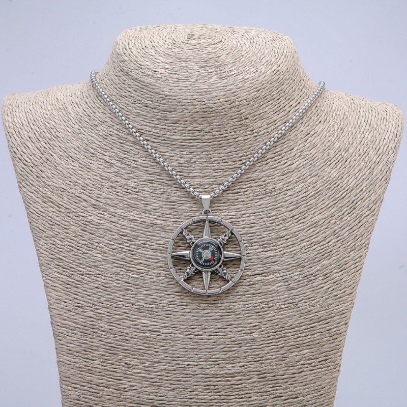 Pendant "Compass" 50x38mm on a chain, 70cm length, silver-toned metal
