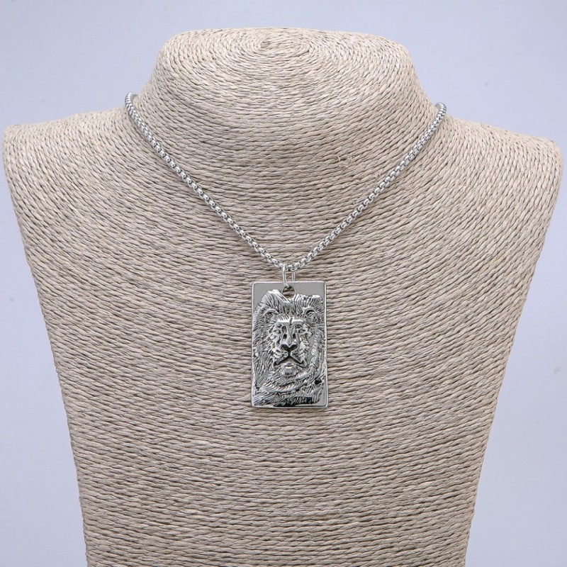 Pendant "Lion" 50x26mm on a chain, 70cm length, silver-tone metal