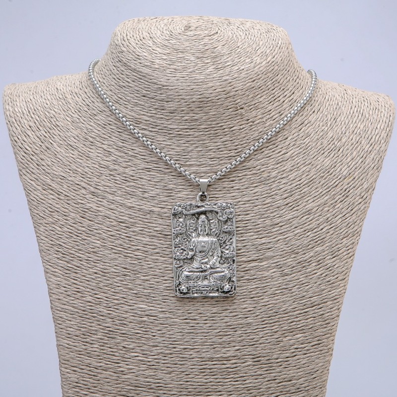 Pendant "Buddha" 58x32mm on a chain, 70cm length, silver-tone metal