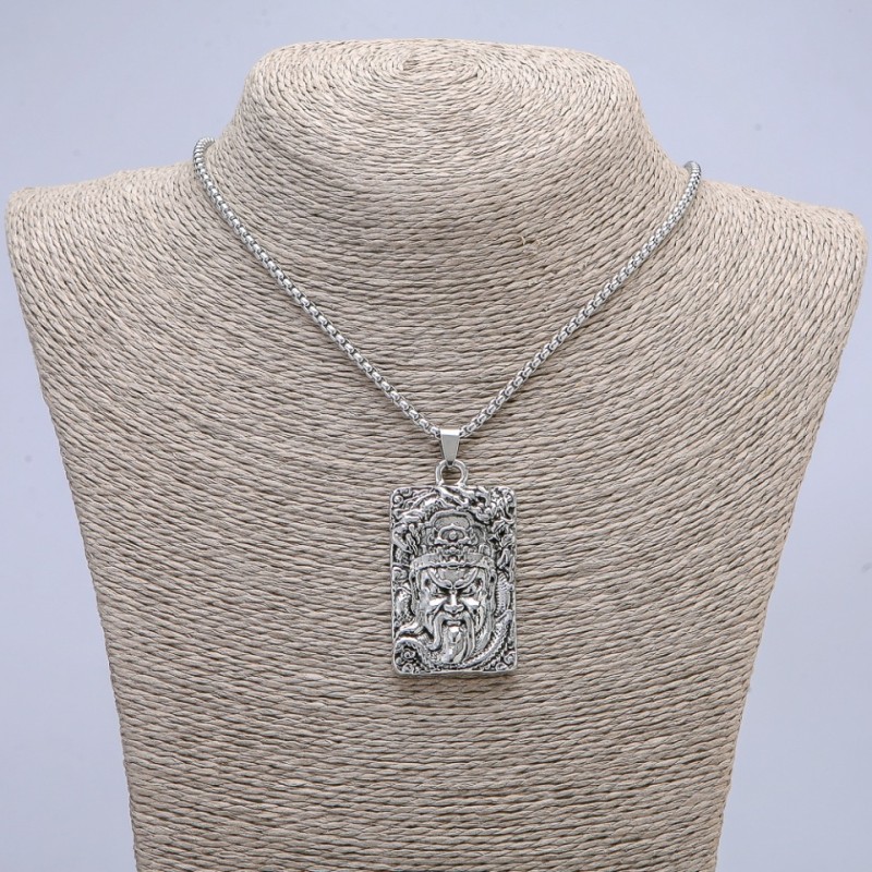 Pendant "Samurai Face" 57x28mm on a chain, 70cm length, silver-tone metal