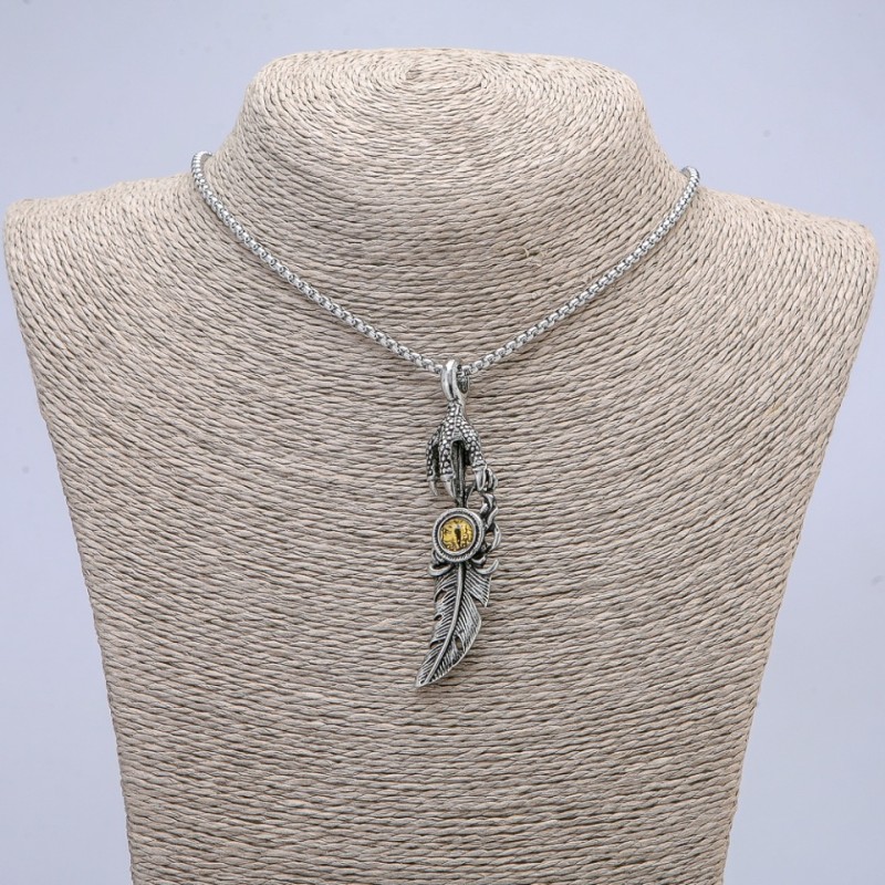 Pendant "Claw with Feather, Dragon Eye" 70x20mm on a chain, 70cm length, silver-toned metal