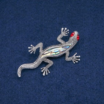 Brooch Gecko with Chalcedony, red crystals, silver metal 66x35mm +