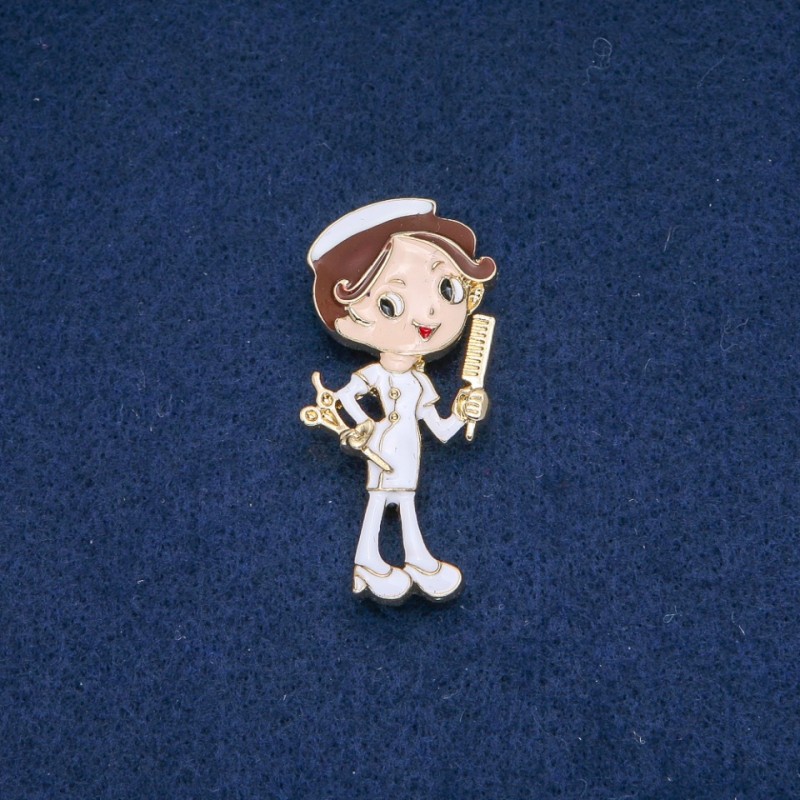 "Hairdresser" Brooch, White Enamel, Gold-Toned Metal, 47x24mm+