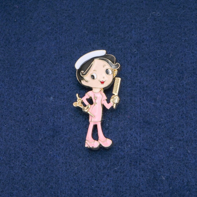 Hairdresser Brooch, coloured enamel, golden metal 47x24mm +