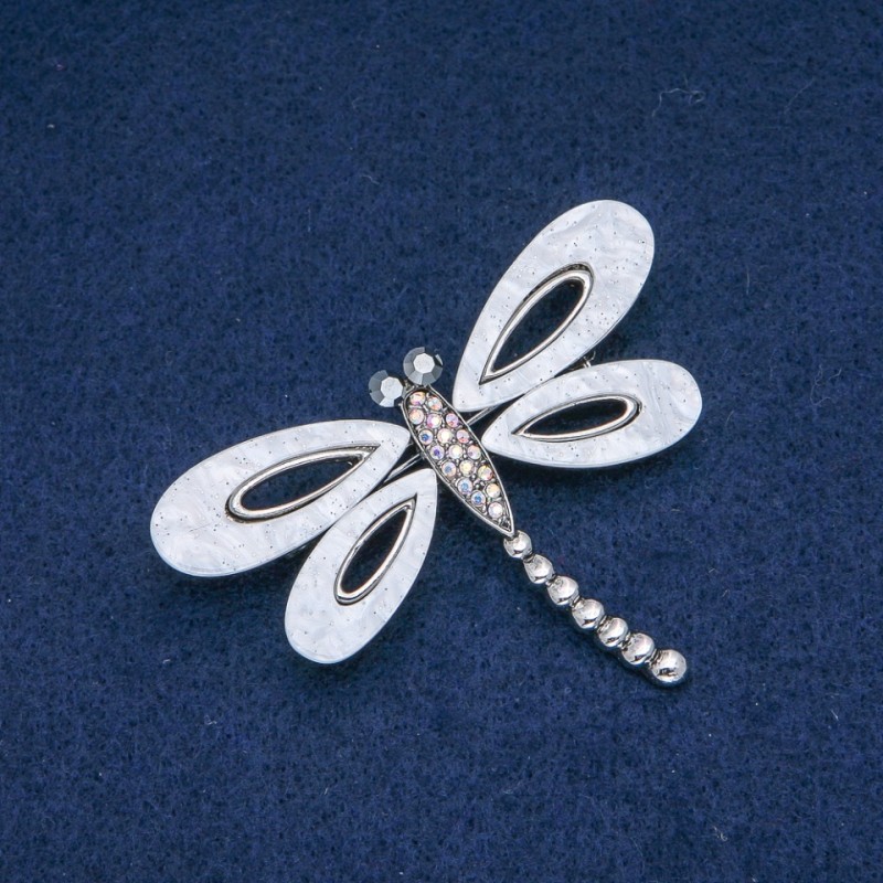 Brooch "Dragonfly" white mother-of-pearl, white petrol-tone and grey rhinestones, gold-tone metal, 62x45mm +