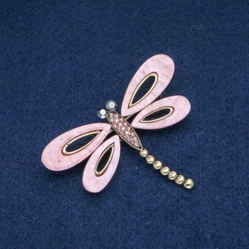 Brooch "Dragonfly" pink mother-of-pearl, pink petrol-tone and grey rhinestones, gold-tone metal, 62x45mm +
