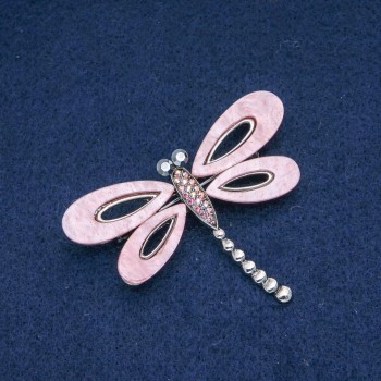 Brooch "Dragonfly" pink mother-of-pearl, pink petrol-tone and grey rhinestones, silver-tone metal, 62x45mm +