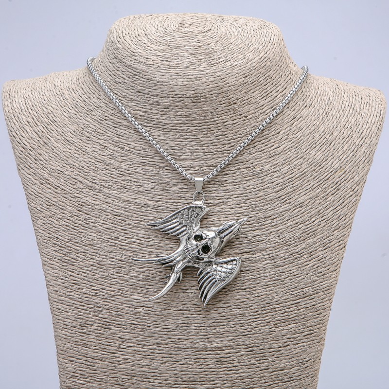 Pendant "Bird with Skull" 50x57mm on a chain, 65cm length, silver-tone metal