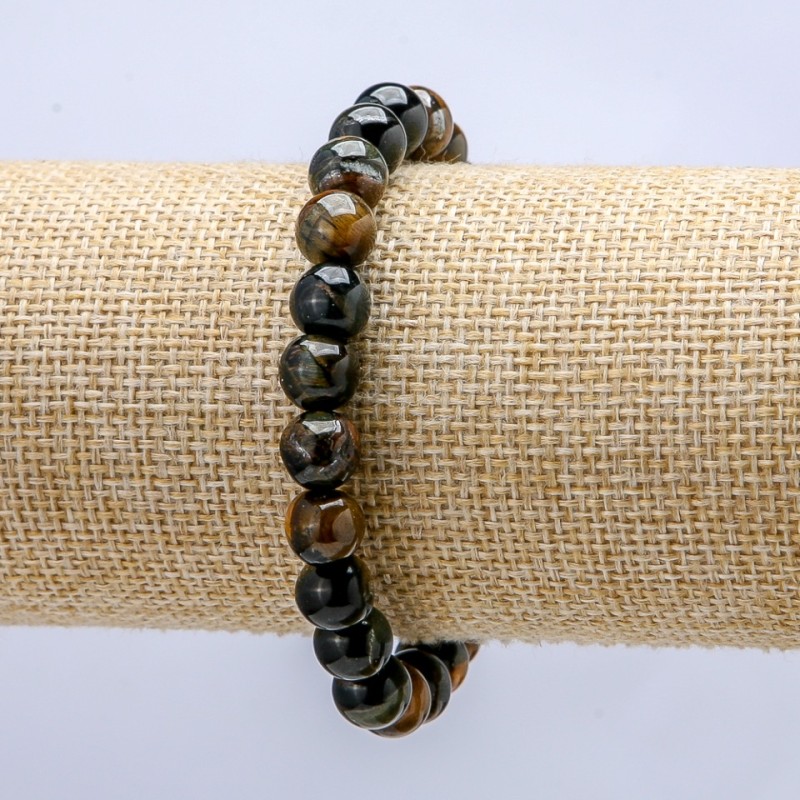 Natural Stone Bracelet on Elastic Hawk's Eye smooth round bead, diameter 8mm+