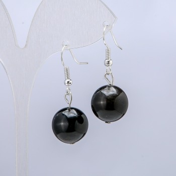 Earrings, Silver-Tone Obsidian, Diameter 14mm+/-, Length 30mm+