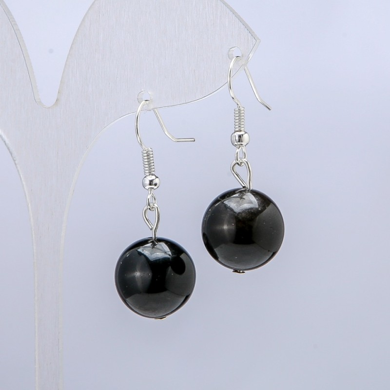 Earrings, Silver-Tone Obsidian, Diameter 14mm+/-, Length 30mm+