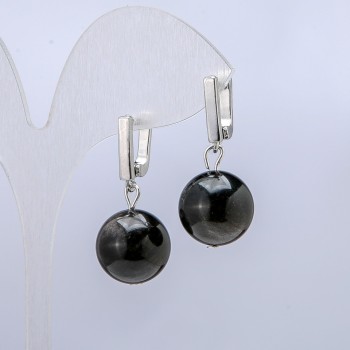 Earrings Silver Sheen Obsidian, diameter 14mm+/-, length 32mm+