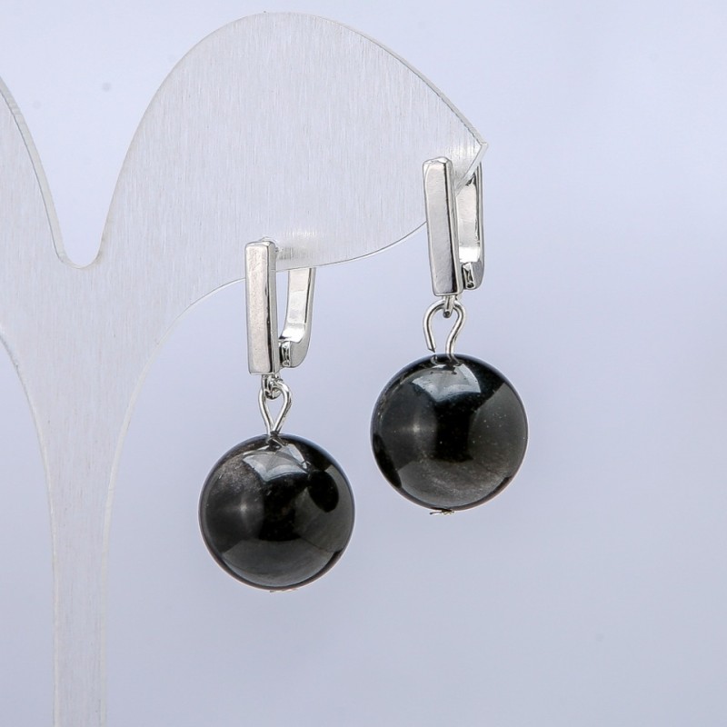 Earrings Silver Sheen Obsidian, diameter 14mm+/-, length 32mm+