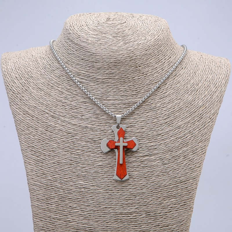 Cross Pendant 55x30mm+ - on Chain, Length 65cm, Silver-Tone Metal, Wood