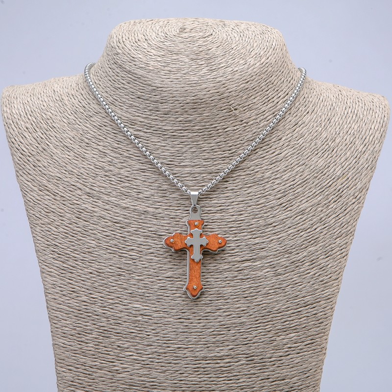 Pendant Cross 55x32mm +/- on Chain, Length 65cm Silver-Tone Metal, Wood