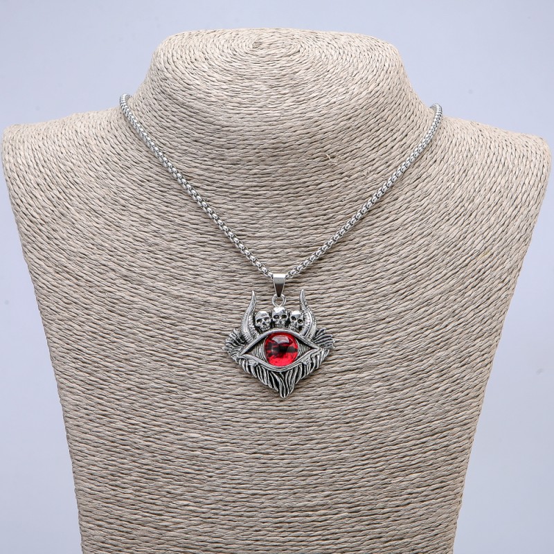 “Demon Eye” Pendant 45x40mm on Chain, Length 70cm+ - Silver-Tone Metal