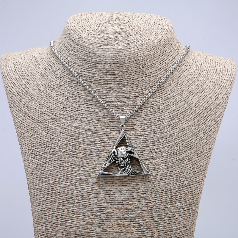 Pendant "Skull in Triangle" 50x45mm on Chain, Length 70cm Silver-Tone Metal