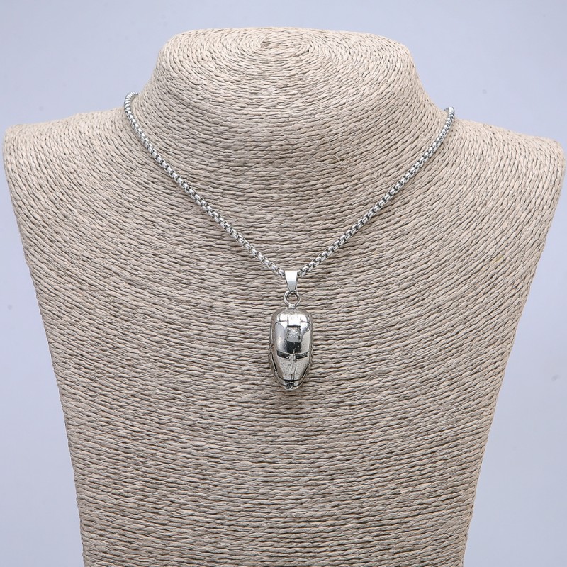 Pendant "Iron Man Helmet" 40x15mm on Chain, Length 70cm Silver-Tone Metal