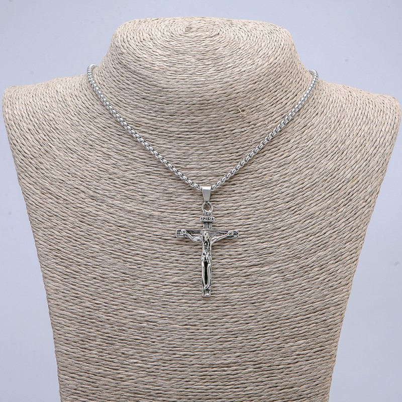“Cross” Pendant 52x30mm+ - on Chain, Length 70cm+ - Silver-Tone Metal