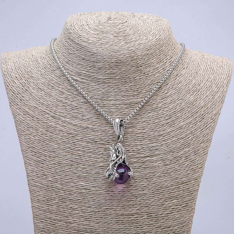 Dragon Head and Lilac Ball Pendant 22x51mm+ - on Chain, Length 65cm, Silver-Tone Metal