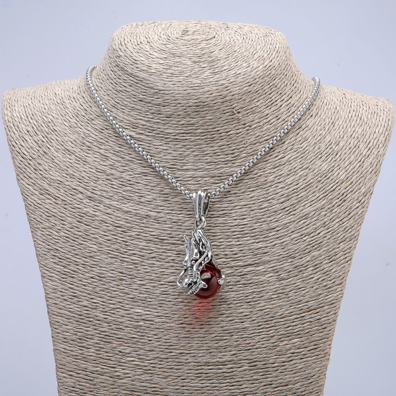 Dragon Head and Red Ball Pendant 22x51mm+ - on Chain, Length 65cm, Silver-Tone Metal