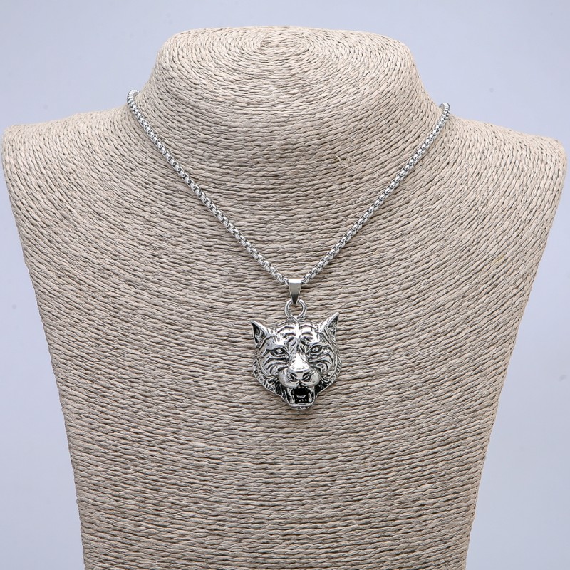 “Tiger Head” Pendant 45x30mm+ - on Chain, Length 70cm, Silver-Tone Metal