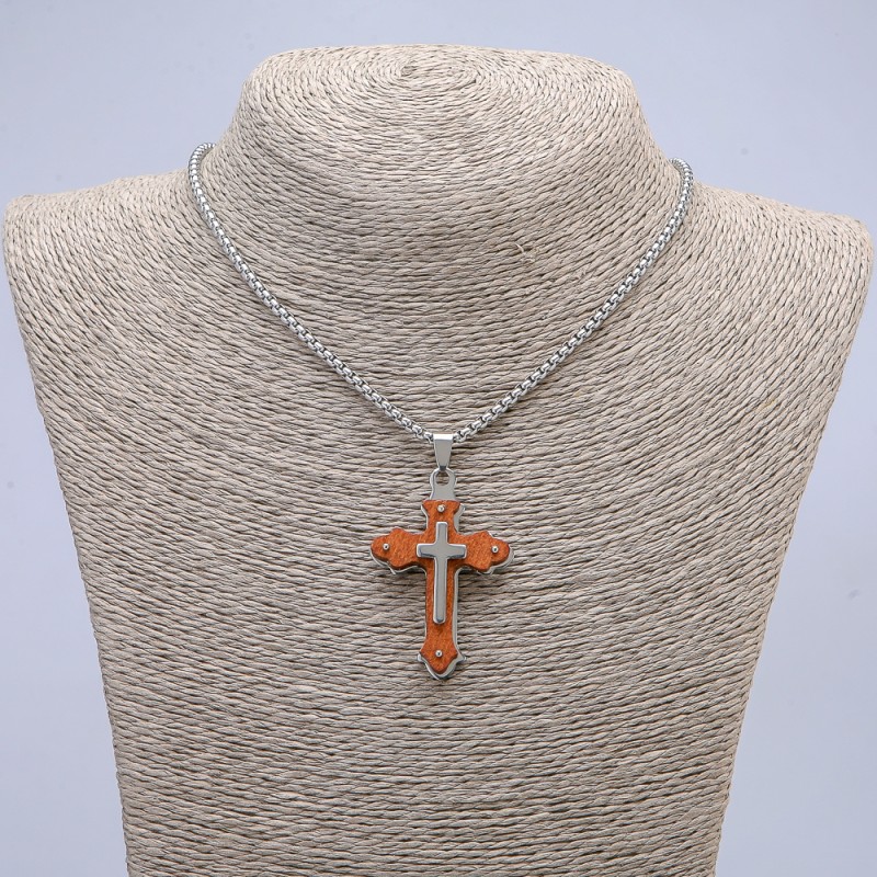 Pendant Cross 50x30mm +/- on Chain, Length 65cm Silver-Tone Metal, Wood