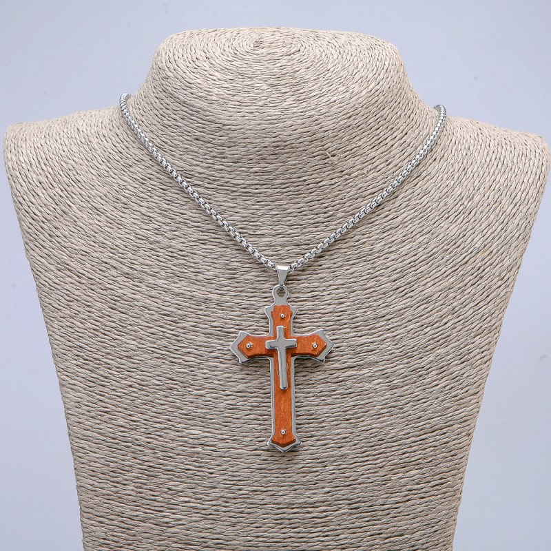 Pendant Cross 65x35mm +/- on Chain, Length 65cm Silver-Tone Metal, Wood