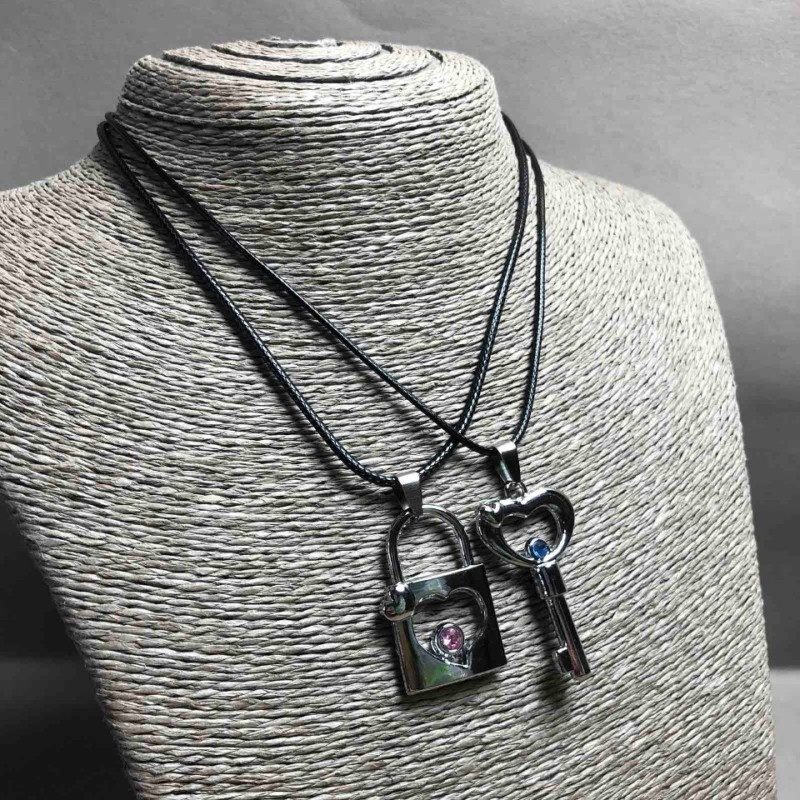 Matching Key and Lock Pendants, Silver-Tone Metal, Blue and Pink Rhinestones 45x30mm+/-, Length 45-50cm