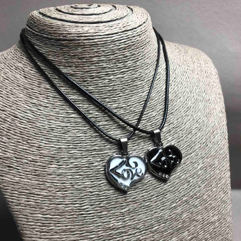 Matching Heart "Love" Pendants, Black and White Enamel, White Rhinestones 33x27mm+/-, Length 45-50cm