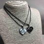 Matching Heart "Love" Pendants, Black and White Enamel, White Rhinestones 33x27mm+/-, Length 45-50cm