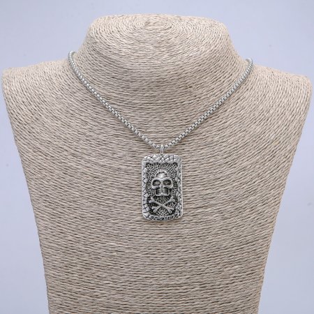 Skull and Crossbones Pendant 48x26mm on Chain, Length 70cm+/-, Silver-Tone Metal