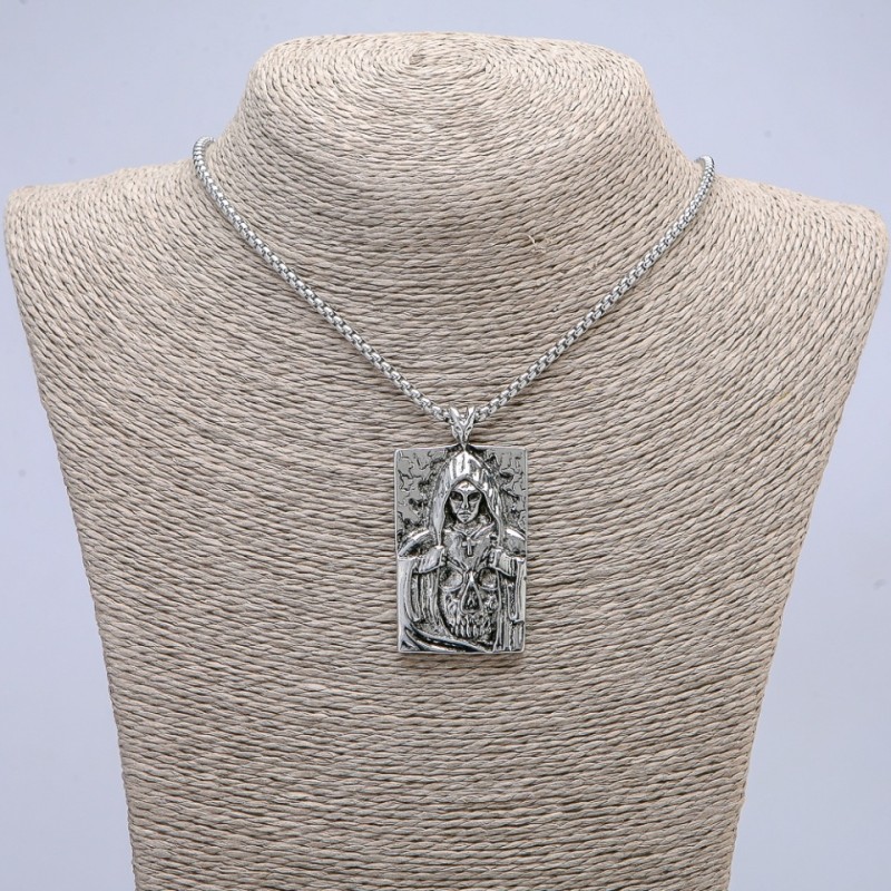 "Hooded Figure" Pendant 55x30mm on Chain, Length 70cm +/- Silver-Toned Metal
