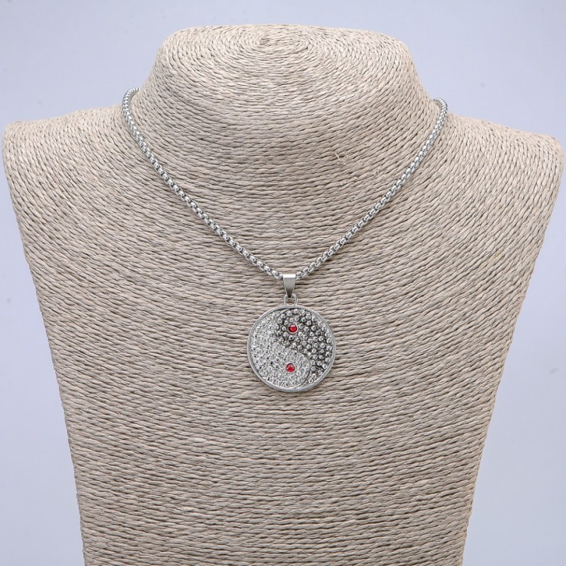 "Yin Yang" Pendant with Rhinestones 40x30mm on Chain, Length 70cm +/- Silver-Toned Metal