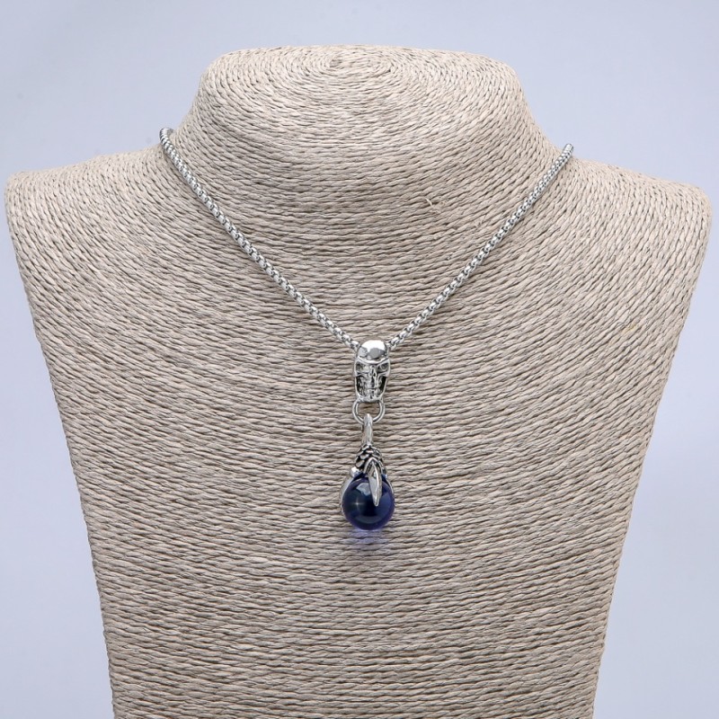 Pendant "Paw with Ball and Skull" blue 50x16mm +/- on chain, length 70cm +/- silver-tone metal