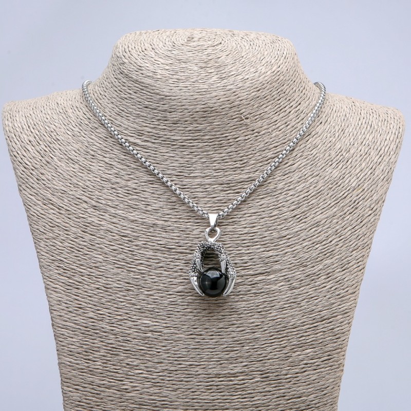"Sphere in Paw" Pendant, Black, 42x22mm on Chain, Length 70cm +/- Silver-Toned Metal