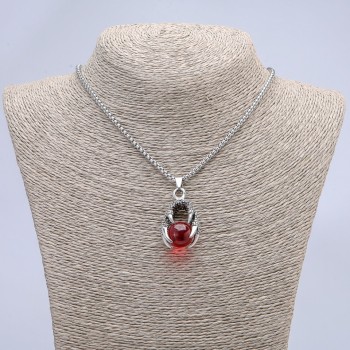 "Ball in Claw" Pendant, Red, 42x22mm on Chain, Length 70cm +/- Silver-Tone Metal