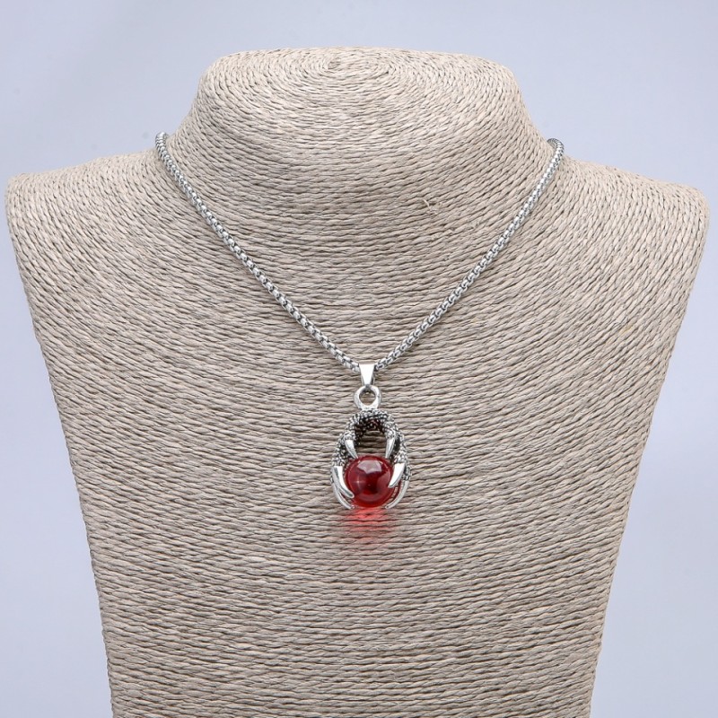 "Ball in Claw" Pendant, Red, 42x22mm on Chain, Length 70cm +/- Silver-Tone Metal