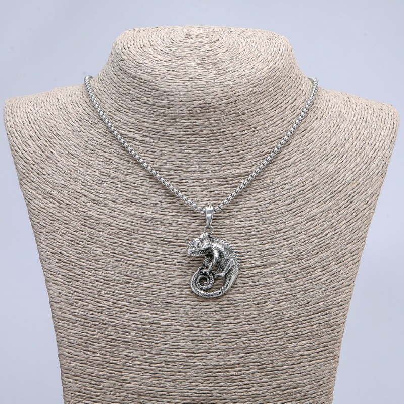 Chameleon Pendant 45x27mm on Chain, Length 70cm +/- Silver-Tone Metal