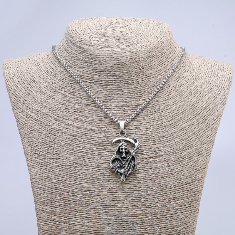 "Death with Scythe" Pendant 50x28mm on Chain, Length 70cm +/- Silver-Toned Metal
