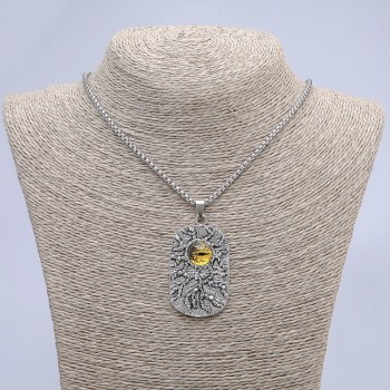 "Dragon Eye" Pendant, Yellow, 30x58mm on Chain, Length 65cm, Silver-Toned Metal