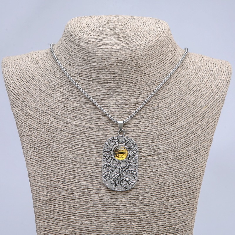 "Dragon Eye" Pendant, Yellow, 30x58mm on Chain, Length 65cm, Silver-Toned Metal