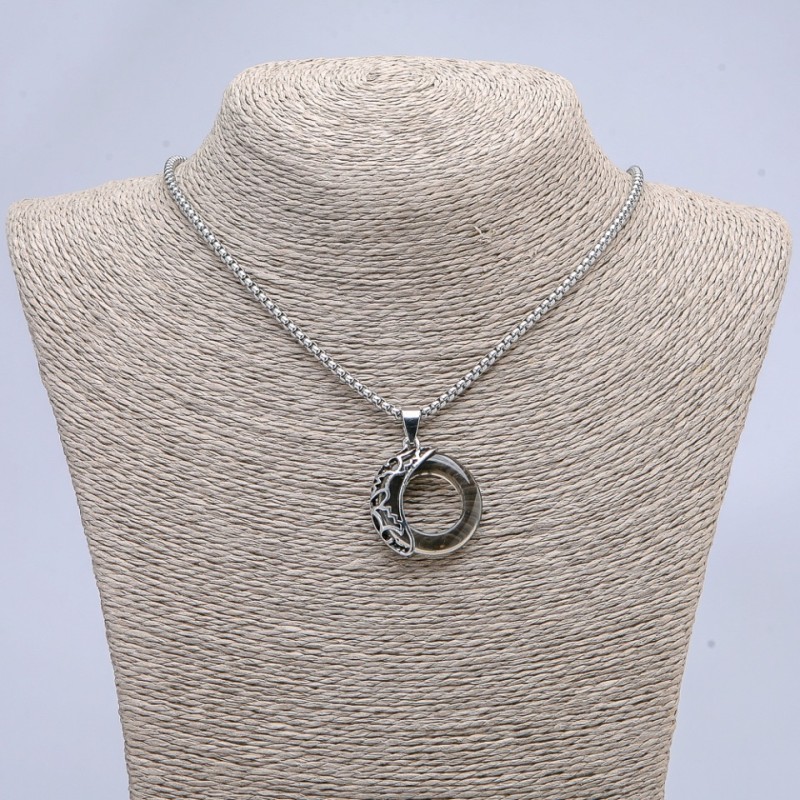 "Moon" Pendant, Dark Grey, 35x28mm on Chain, Length 70cm +/- Silver-Toned Metal
