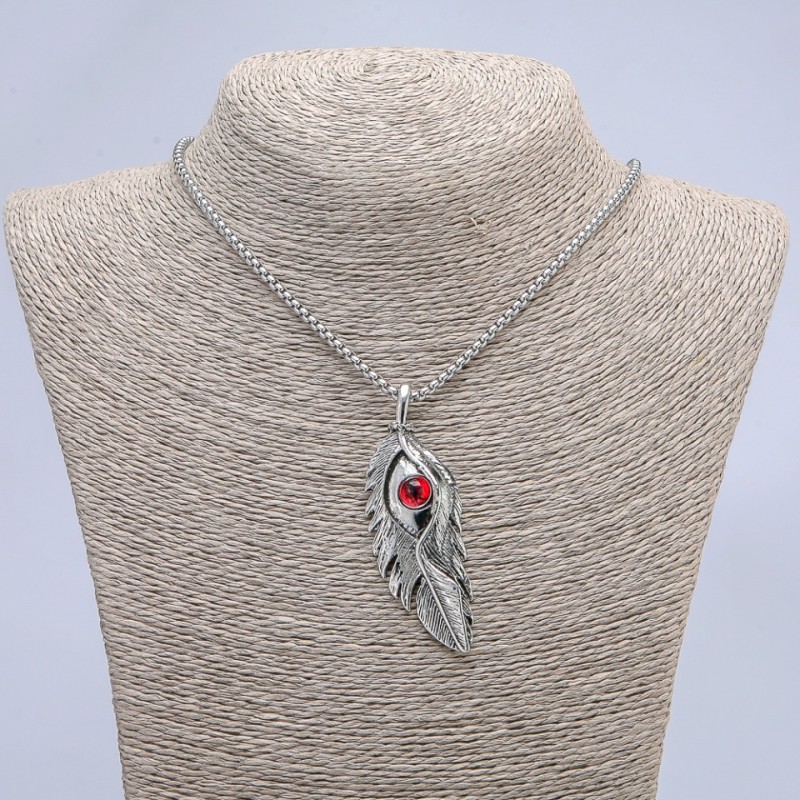 Pendant "Feather with Dragon Eye" 65x23mm on chain, length 70cm +/- silver-tone metal
